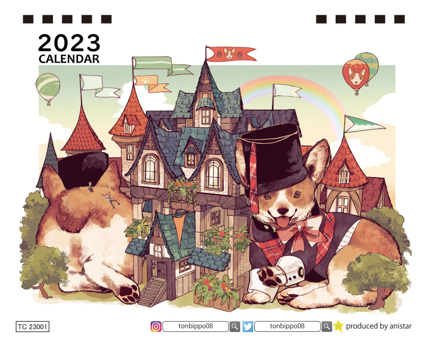 2023 2others absurdres aircraft animal animal_focus animal_print bearskin_cap black_hat black_jacket blue_sky border bow bowtie building calendar_(medium) clothed_animal clouds dog dog_print flag full_body hat highres hot_air_balloon instagram_logo instagram_username jacket looking_at_viewer lying_on_animal multiple_others original outdoors outside_border oversized_animal pawpads plaid_sash rainbow red_bow red_bowtie red_sash sash scenery sitting_on_animal size_difference sky stairs tonbippo08 tongue tongue_out town tree twitter_logo twitter_username welsh_corgi white_border