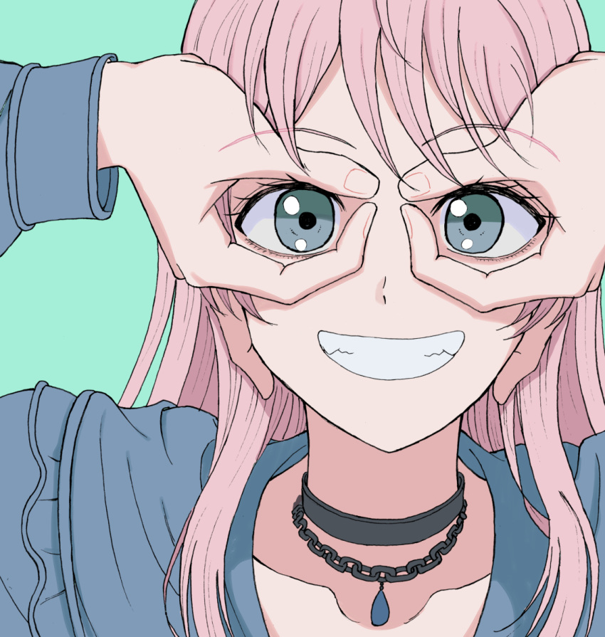 1girl :d aqua_background bang_dream! bang_dream!_it's_mygo!!!!! black_choker blue_eyes blue_shirt chain_necklace chihaya_anon choker close-up green_background green_eyes grin hand_glasses hands_up highres ishinomaki_rokorou jewelry long_hair long_sleeves looking_at_viewer multicolored_eyes necklace pink_hair portrait shirt simple_background smile solo straight-on