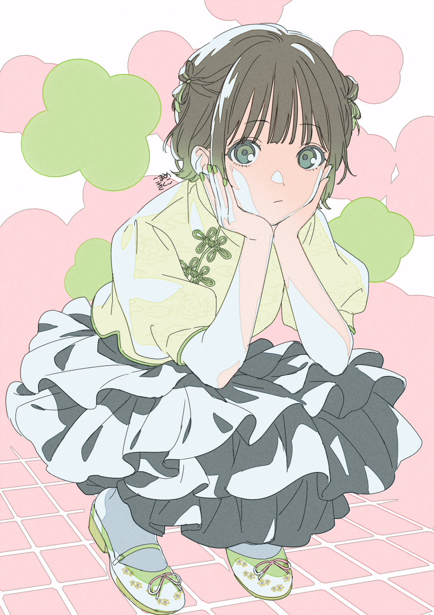 1girl :/ brown_hair choppy_bangs closed_mouth expressionless gradient_hair green_eyes green_footwear green_hair green_nails grey_skirt hands_on_own_cheeks hands_on_own_face head_rest highres layered_skirt long_bangs long_sleeves looking_at_viewer mosuko multicolored_hair nail_polish original platform_footwear pleated_skirt puffy_long_sleeves puffy_sleeves shirt short_hair sidelocks skirt socks solo squatting tile_floor tiles white_socks yellow_shirt