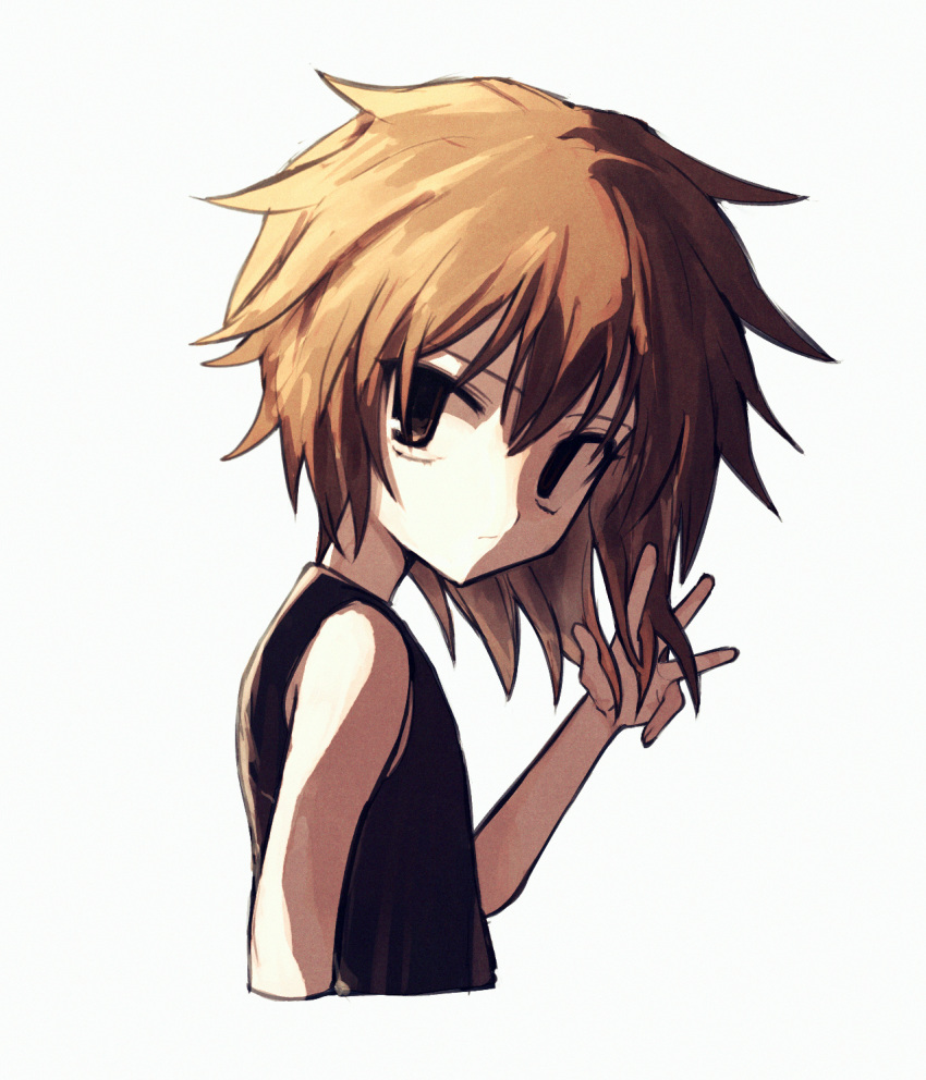 1other androgynous atoymk brown_eyes brown_hair closed_mouth cropped_torso film_grain hair_between_eyes hand_in_own_hair hand_up highres kurohebi len'en other_focus simple_background solo tank_top upper_body white_background white_tank_top