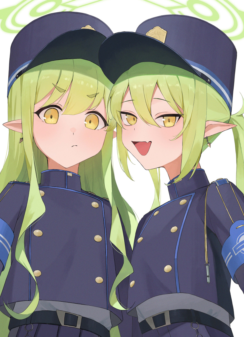 2girls absurdres belt black_belt black_hat black_shirt blue_archive closed_mouth earrings fang green_hair green_halo halo hat highlander_sidelocks_conductor_(blue_archive) highlander_twintails_conductor_(blue_archive) highres jewelry long_hair long_sleeves looking_at_viewer multiple_girls open_mouth peaked_cap randouworks shirt sidelocks simple_background skin_fang smile twintails white_background yellow_eyes