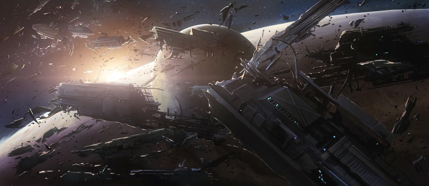 after_battle chinese_commentary commentary_request debris destroyed highres in_orbit no_humans planet remembrance_of_earth's_past scenery science_fiction sky space spacecraft spoilers star_(sky) starry_sky sunlight wreckage zhizi_proton