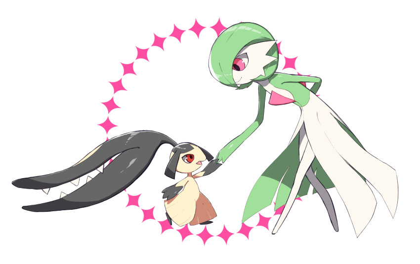 2girls arm_behind_back arm_up bent_over black_hair black_skin bob_cut closed_mouth colored_skin commentary_request crossed_legs enden_(pixiv_57969220) extra_mouth eye_contact flat_chest from_side full_body gardevoir green_hair green_skin happy heel_up height_difference highres holding_hands leaning_forward long_hair looking_at_another mawile multicolored_skin multiple_girls open_mouth outstretched_arm pokemon pokemon_(creature) red_eyes sharp_teeth short_hair smile standing teeth two-tone_skin very_long_hair white_background white_skin yellow_skin