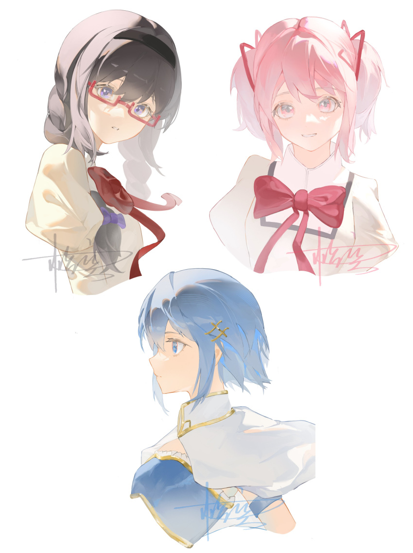 3girls absurdres akemi_homura black_hair black_hairband blue_eyes blue_hair cape chaconne collared_cape frills glasses hair_ornament hair_ribbon hairband hairclip highres kaname_madoka looking_at_viewer magical_girl mahou_shoujo_madoka_magica mahou_shoujo_madoka_magica_(anime) miki_sayaka mitakihara_school_uniform multiple_girls pink_eyes pink_hair puffy_sleeves red-framed_eyewear red_ribbon ribbon school_uniform short_hair simple_background smile twintails upper_body violet_eyes white_background