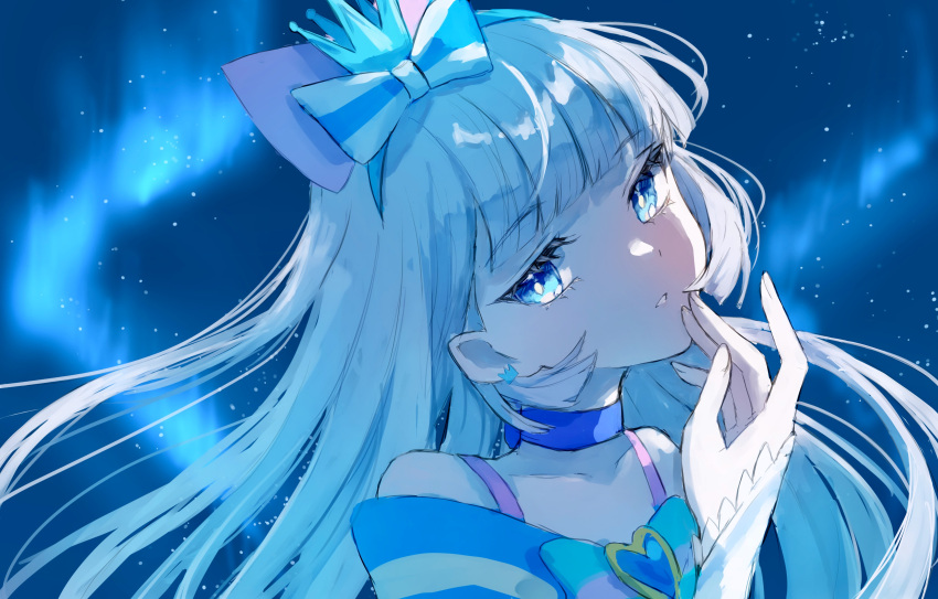 1girl absurdres aurora blue_choker blue_crown blue_eyes blue_hairband bow brooch choker commentary crown crown_earrings cure_nyammy dress hair_bow hairband half-closed_eyes head_tilt heart heart_brooch highres jewelry long_hair looking_at_viewer magical_girl mini_crown nekoyashiki_yuki night night_sky off-shoulder_dress off_shoulder parted_lips pink_bow precure saikisaika sky solo star_(sky) starry_sky white_dress white_hair wind wonderful_precure!