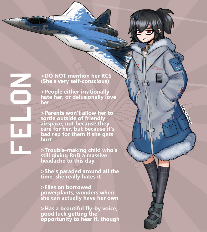 1girl absurdres aircraft airplane black_hair black_socks boots coat english_text fighter_jet full_body fur-trimmed_coat fur_trim hair_ornament hands_in_pockets highres jet looking_at_viewer medium_hair military military_vehicle open_mouth original pandramodo red_eyes socks solo standing su-57 teeth twitter_username