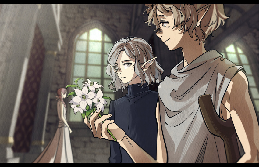 1girl 2boys absurdres blonde_hair braided_ponytail_elf_(dungeon_meshi) brothers curly_hair dress dungeon_meshi elf flower grey_eyes grey_hair half-siblings highres holding holding_crutch holding_flower indoors long_sleeves male_focus mithrun mithrun's_brother multiple_boys oejikim pointy_ears short_hair siblings sleeveless tunic white_dress window yellow_eyes