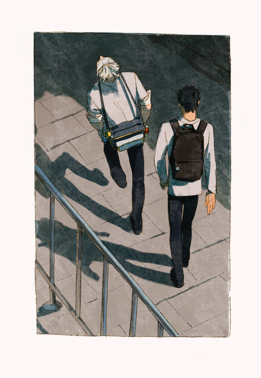 2boys akaashi_keiji backpack bag bag_charm black_bag black_hair black_pants bokuto_koutarou charm_(object) chengongzi123 chinese_commentary commentary_request facing_away from_behind full_body grey_background grey_hair grey_jacket guard_rail haikyuu!! hands_in_pockets highres jacket long_sleeves male_focus multiple_boys outdoors pants school_uniform shadow short_hair standing standing_on_one_leg very_short_hair walking
