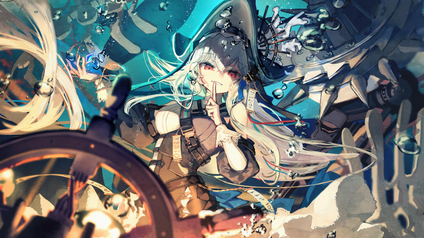1girl absurdres air_bubble arknights black_dress bubble circular_saw commentary cowboy_shot dress finger_to_mouth grey_hair hands_up hat highres iasimo jewelry long_hair long_sleeves looking_at_viewer necklace parted_lips red_eyes saw skeleton smile solo specter_(arknights) specter_the_unchained_(arknights) underwater very_long_hair whale