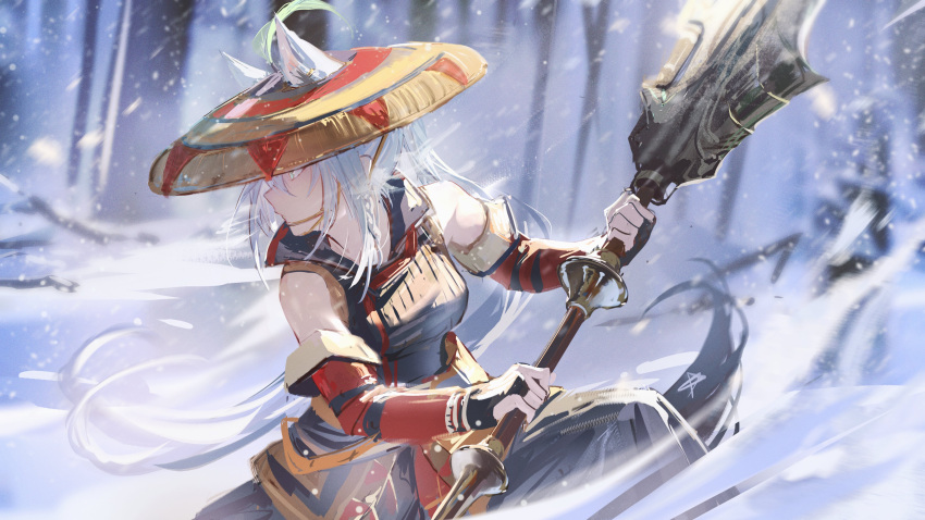1girl absurdres alternate_costume animal_ears armor breasts bridal_gauntlets commentary day elbow_gloves fox_ears gloves grey_hair hat highres holding holding_weapon hololive hyde_(tabakko) long_hair looking_to_the_side medium_breasts monster_hunter:_world monster_hunter_(series) outdoors shirakami_fubuki snowing solo upper_body weapon