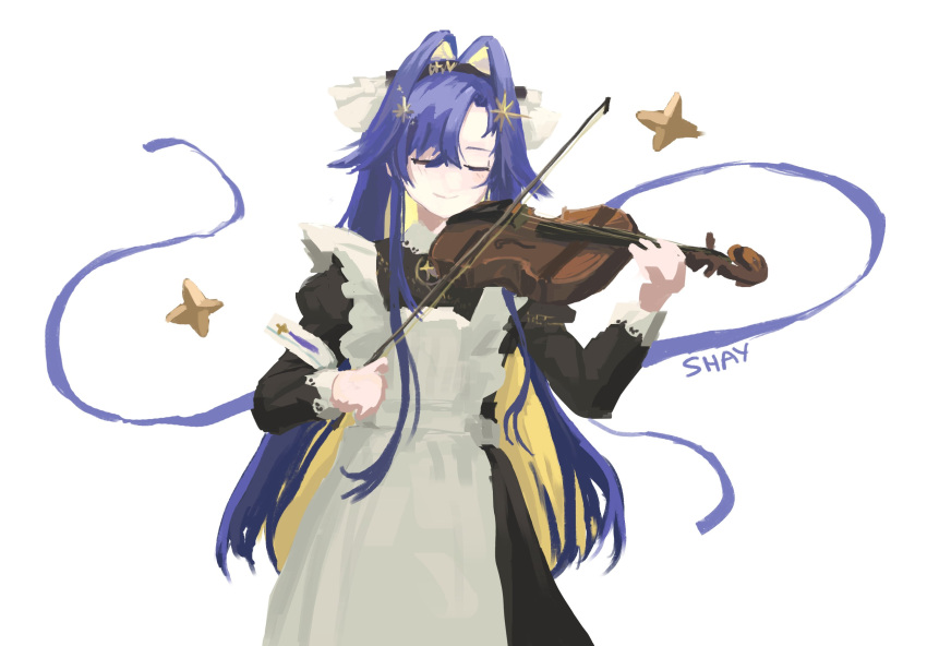 apron blue_hair closed_eyes highres instrument li_shay light_smile multicolored_hair music playing_instrument reverse:1999 violin voyager_(reverse:1999)