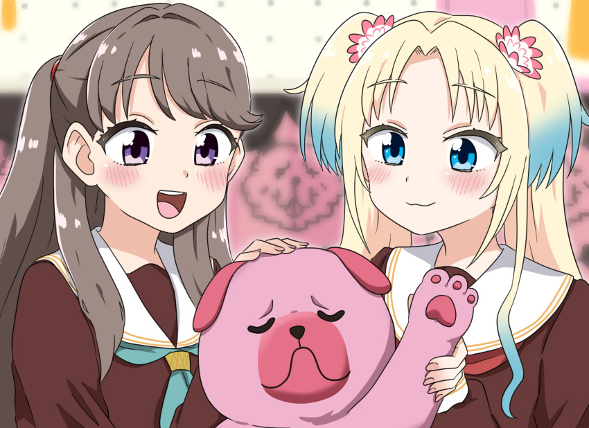 2girls :3 :d absurdres blonde_hair blue_eyes blue_hair blurry blurry_background blush brown_hair bulldog closed_mouth flower fujishima_megumi gradient_hair hair_flower hair_ornament hand_on_another's_head highres holding holding_stuffed_toy kanzaki_gou light_blue_hair link!_like!_love_live! long_hair looking_at_object love_live! mira-cra_park! multicolored_hair multiple_girls open_mouth osawa_rurino parted_bangs pink_flower sidelocks smile stuffed_animal stuffed_dog stuffed_toy tongue twintails two_side_up violet_eyes virtual_youtuber white_flower