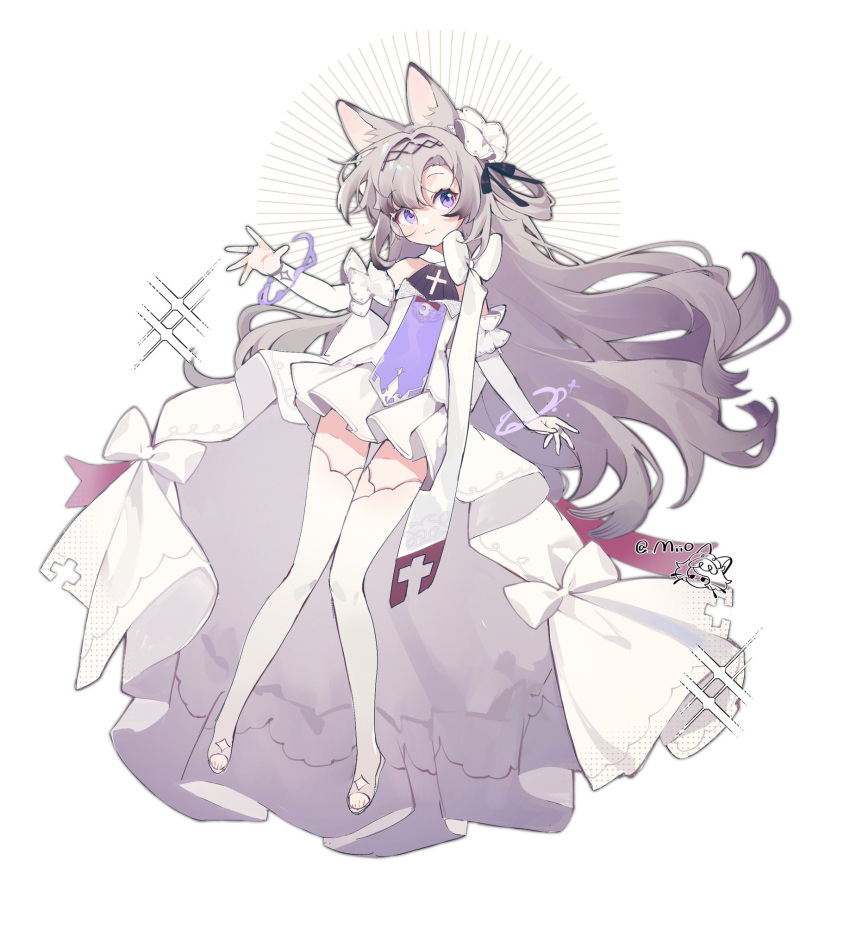 1girl animal_ears arin_(fanfan013) armlet bare_shoulders black_bow black_hairband bow bow_choker cat_ears choker closed_mouth commentary_request cross_print detached_sleeves dress eyelashes frilled_dress frills full_body grey_hair hair_bow hairband halter_dress halterneck highres long_dress long_hair long_sleeves looking_at_viewer magic monochrome original parted_bangs purple_tabard round_eyewear sandals simple_background single_hair_ring smile solo sparkle stirrup_legwear tabard thigh-highs toeless_legwear toes twitter_username very_long_hair violet_eyes white_background white_bow white_choker white_dress white_footwear white_sleeves white_thighhighs
