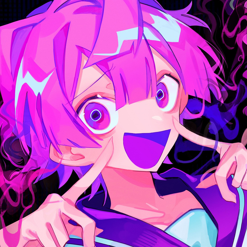 1boy :d album_cover black_background blunt_bangs blunt_ends borrowed_character carl_(guchiry) cover hair_between_eyes highres himanemuitoma index_finger_raised looking_at_viewer official_art open_mouth original pink_hair pointing pointing_at_self portrait purple_sailor_collar sailor_collar schadenfreude_(vocaloid) shirt short_hair simple_background smile solo violet_eyes vocaloid white_shirt