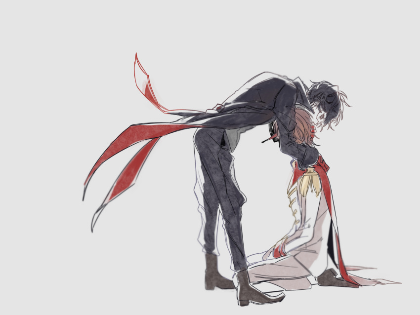 2boys akechi_gorou amamiya_ren black_hair black_pants brown_hair coattails comforting commentary_request eye_mask from_side full_body gloves high_collar highres hug male_focus multiple_boys pants persona persona_5 plm233 profile red_gloves seiza short_hair sitting sketch standing white_pants