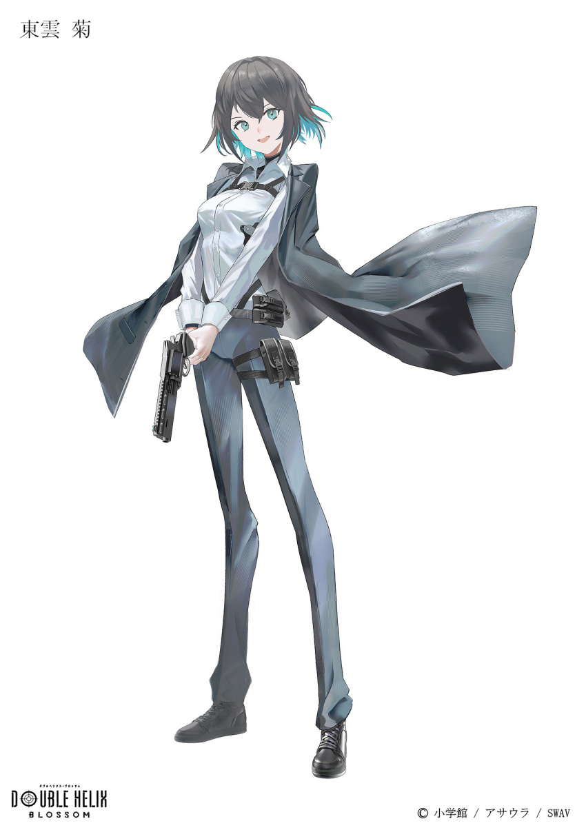 1girl double_helix_blossom full_body gun handgun highres holding holding_gun holding_weapon holster jacket jacket_on_shoulders looking_at_viewer official_art open_clothes open_jacket pants revolver shinonome_kiku shoes short_hair simple_background solo swav trigger_discipline weapon white_background