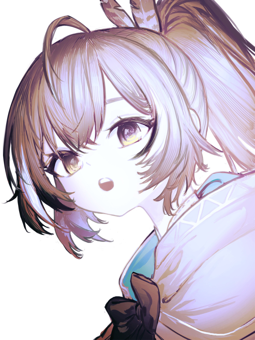 1girl :o absurdres ahoge brown_capelet brown_cloak brown_eyes brown_hair capelet cloak crossed_bangs double-parted_bangs feather_hair_ornament feathers hair_ornament highres hololive hololive_english long_hair looking_at_viewer multicolored_hair nanashi_mumei nanashi_mumei_(1st_costume) open_mouth ponytail portrait pungson_mori ribbon shirt streaked_hair teeth upper_teeth_only very_long_hair virtual_youtuber white_shirt