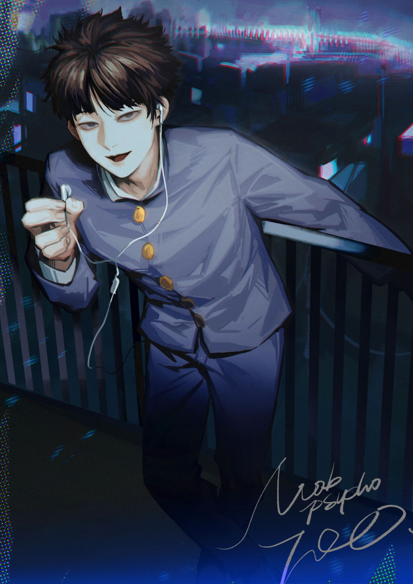 1boy absurdres against_railing black_hair blue_jacket blue_pants blunt_bangs buttons chinese_commentary chino1048 city collared_jacket collared_shirt commentary_request copyright_name debris earphones earphones feet_out_of_frame fingernails gakuran grey_eyes highres holding jacket kageyama_shigeo layered_sleeves leaning_forward long_sleeves looking_at_viewer male_focus mob_psycho_100 night open_mouth outdoors pants railing school_uniform shirt short_hair smile solo vignetting white_shirt