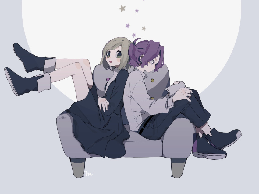 1boy 1girl :d back-to-back belt black_dress black_footwear black_pants boots closed_mouth couch dress green_eyes grey_background highres long_sleeves looking_at_viewer maco22 open_mouth original pants profile purple_hair shirt shoes short_hair signature simple_background sitting smile star_(symbol) two-tone_background white_background white_shirt