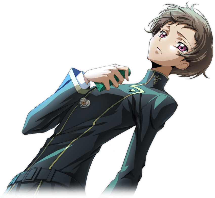 1boy arm_at_side artist_request belt black_jacket brown_hair buttons closed_mouth code_geass code_geass:_lost_stories cropped_torso dutch_angle game_cg hand_up heart holding holding_phone jacket jewelry layered_sleeves locket long_sleeves looking_at_viewer male_focus non-web_source official_art pendant phone rolo_lamperouge school_uniform short_hair sidelocks simple_background solo standing transparent_background turtleneck turtleneck_jacket violet_eyes