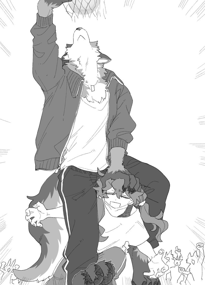 1boy 1girl animal_ears animal_feet arm_up ball basketball basketball_(object) body_fur claws closed_eyes closed_mouth crowd dog_tags facing_up full_body furry furry_male greyscale hand_on_another's_head hands_up highres jacket meme monochrome motion_lines open_mouth original pants rata_(norahasu) shirt simple_background sitting sitting_on_person standing t-shirt tail venom_dunking_on_spider-man_(meme) white_background wolf_boy wolf_ears wolf_tail