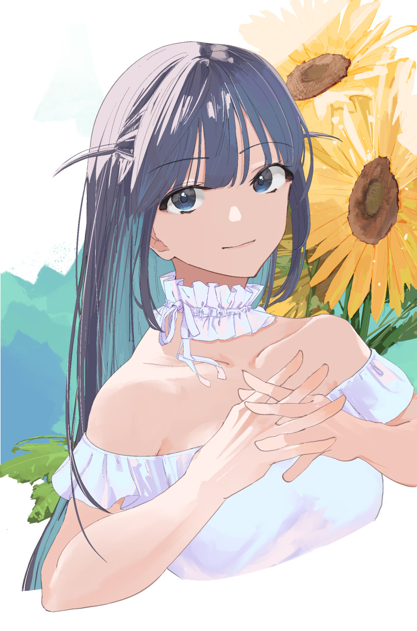 1girl ahataro aqua_hair bare_arms bare_shoulders black_hair blue_background blue_hair blunt_bangs breasts closed_mouth collar collarbone colored_inner_hair commentary cropped_torso flower frilled_collar frilled_shirt frilled_sleeves frills green_background hands_up highres interlocked_fingers light_smile long_hair looking_at_viewer medium_breasts multicolored_background multicolored_hair neck_ribbon off-shoulder_shirt off_shoulder own_hands_together ribbon shirt short_sleeves shoujo_kageki_revue_starlight sidelocks solo sunflower tsuyuzaki_mahiru two-tone_hair two_side_up upper_body white_background white_collar white_ribbon white_shirt yellow_flower