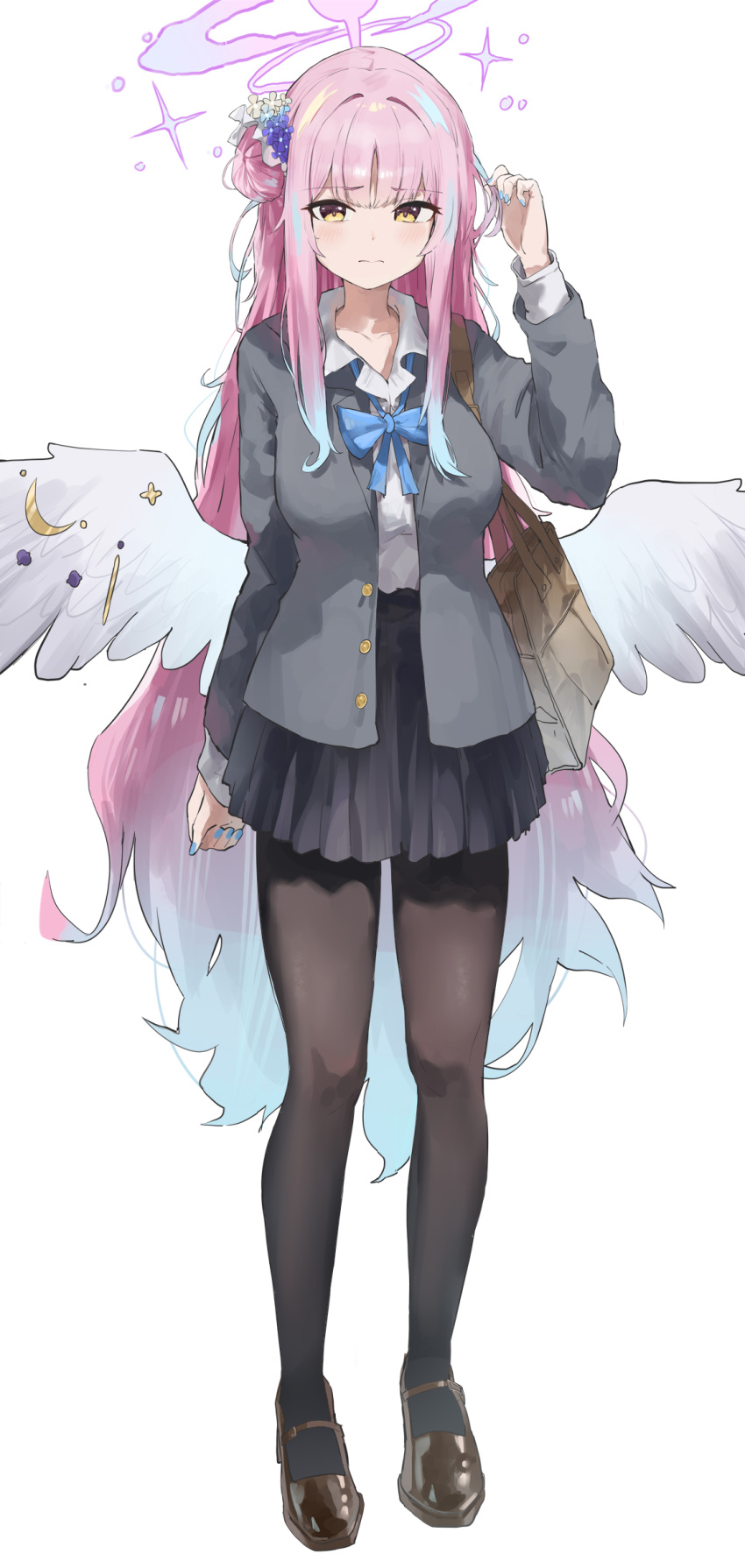 1girl absurdres angel_wings bag black_pantyhose black_skirt blue_archive blue_bow blue_nails bow breasts brown_bag brown_footwear closed_mouth collared_shirt commentary crescent feathered_wings fingernails flower full_body gradient_hair grey_jacket hair_bun hair_flower hair_ornament hair_ribbon halo highres jacket jsscj knees large_breasts long_hair long_sleeves looking_at_viewer low_wings mika_(blue_archive) multicolored_hair nail_polish pantyhose pink_hair pink_halo purple_flower ribbon school_uniform shirt shoulder_bag simple_background single_side_bun skirt sleeves_past_wrists solo thighs white_background white_ribbon white_shirt white_wings wings yellow_eyes
