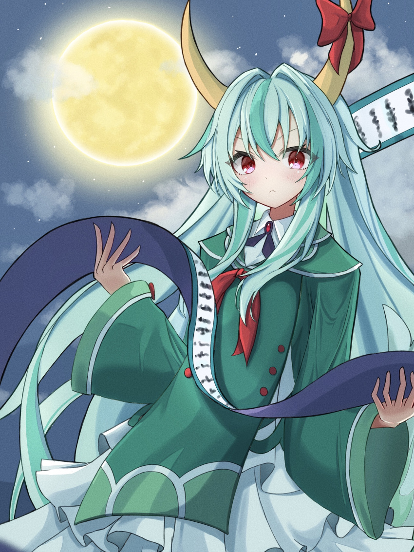 1girl absurdres adapted_costume baruka=gacha bow closed_mouth clouds cloudy_sky commentary_request dress ex-keine full_moon green_dress green_hair highres horn_bow horn_ornament horns kamishirasawa_keine light_blush long_hair long_sleeves looking_at_viewer moon night night_sky red_bow red_eyes scroll sky solo star_(sky) touhou touhou_gensou_eclipse very_long_hair wide_sleeves