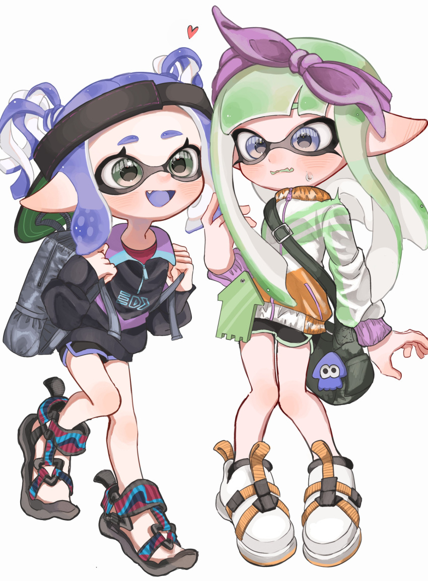 2girls :d absurdres backpack backwards_hat bag black_footwear black_hat black_jacket black_shorts blunt_bangs blunt_ends blush bow bow_hairband charm_(object) colored_tongue dolphin_shorts dropping ear_blush fang flinch full_body green_bag green_eyes green_hair green_tongue green_trim grey_bag hair_bow hairband hat heart highres inkling_girl inkling_player_character jacket lemo_(lemo_4) long_hair looking_at_another multicolored_clothes multicolored_jacket multiple_girls open_mouth phone pointy_ears purple_bow purple_hair purple_hairband purple_tongue purple_trim red_shirt sandals shirt short_twintails shorts shoulder_bag skin_fang smile splatoon_(series) splatoon_3 standing standing_on_one_leg suction_cups surprised sweatdrop tentacle_hair twintails violet_eyes visor_cap wavy_mouth white_background white_footwear white_jacket