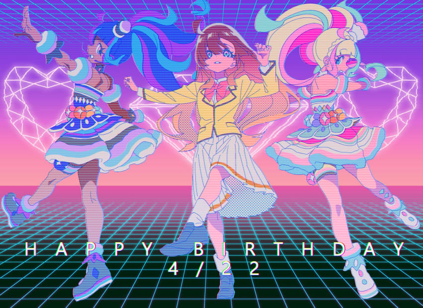 3girls ahoge anchiki_shou archived_source bad_id bad_twitter_id blonde_hair blue_eyes blue_hair blunt_bangs boots brown_hair daia_(pri_chan) dancing dark-skinned_female dark_skin dress full_body fur-trimmed_boots fur_trim hands_up happy_birthday hat headset highres idol_clothes image_sample kirarigaoka_middle_school_uniform kiratto_pri_chan kuro_daia_(pri_chan) long_hair long_sleeves looking_at_viewer looking_back mini_hat multicolored_clothes multicolored_dress multicolored_hair multiple_girls nijinosaki_dia open_mouth outstretched_arms pink_hair pleated_skirt pretty_series school_uniform shirt shoes sidelocks skirt smile spread_arms standing standing_on_one_leg streaked_hair twintails twitter_sample vaporwave very_long_hair white_footwear white_shirt white_skirt