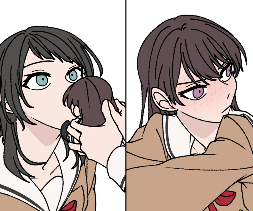 2girls a_jak bang_dream! bang_dream!_it's_mygo!!!!! black_hair blue_eyes blush brown_dress brown_hair closed_mouth commentary_request dress embarrassed hanasakigawa_school_uniform kissing_object korean_commentary long_hair long_sleeves looking_at_another multiple_girls sailor_collar school_uniform shiina_taki simple_background violet_eyes white_background white_sailor_collar yahata_umiri yuri