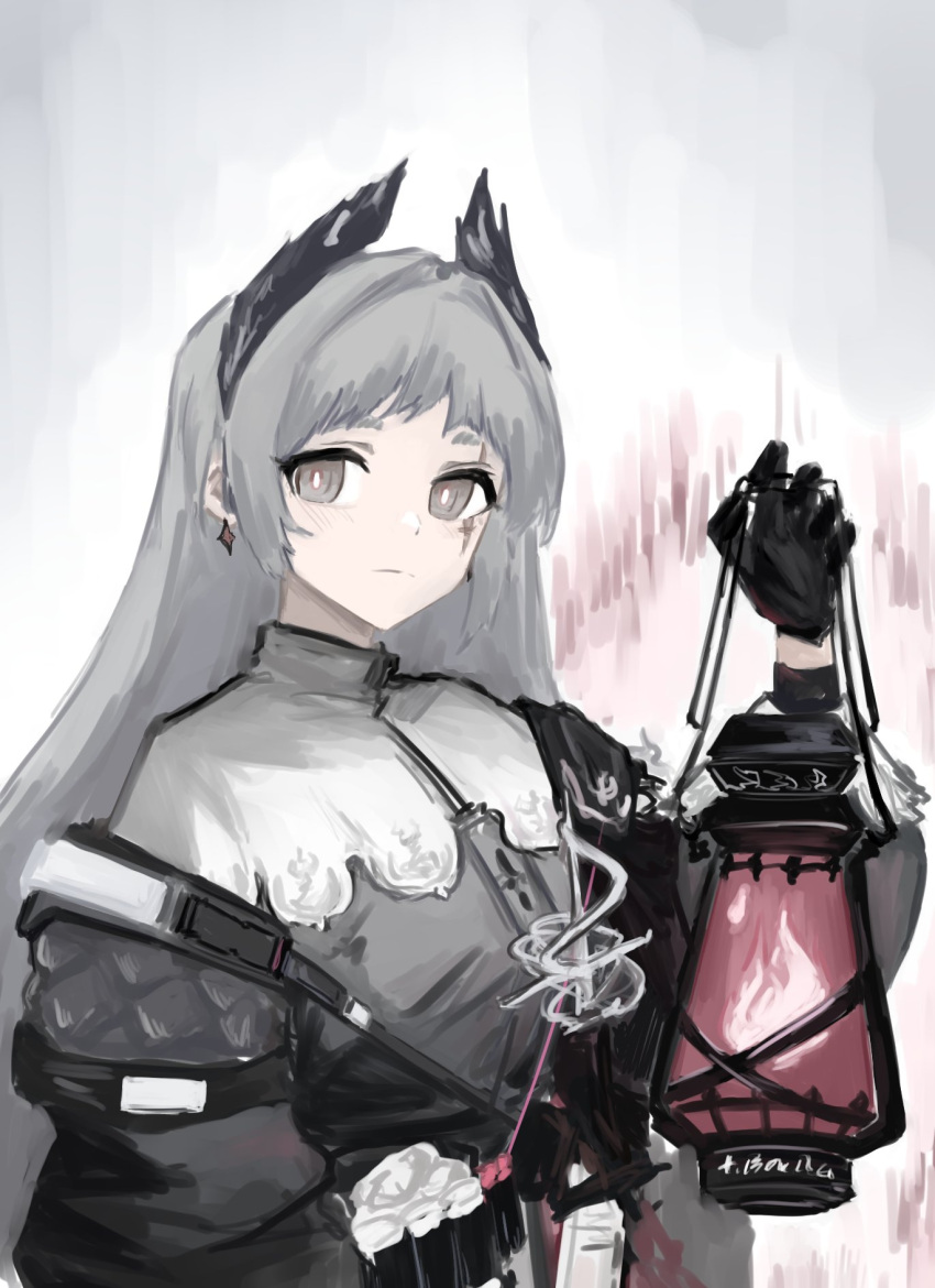 1girl :| arknights arm_at_side bird_girl black_gloves black_jacket capelet closed_mouth earrings expressionless fire gloves grape_(grayp) grey_eyes grey_hair grey_shirt hand_up head_wings highres holding holding_lantern irene_(arknights) jacket jewelry lantern long_hair long_sleeves looking_at_viewer off_shoulder scar scar_across_eye shirt simple_background solo straight_hair upper_body white_background white_capelet wings