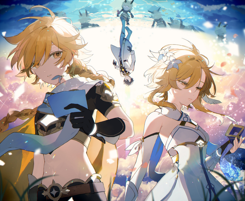 1girl 2boys aether_(genshin_impact) ahoge arm_armor bare_shoulders blonde_hair braid brother_and_sister brown_shirt character_request coat commentary_request cropped_shirt detached_sleeves dress flower genshin_impact hair_between_eyes hair_flower hair_ornament highres hilichurl_(genshin_impact) holding holding_letter letter lumine_(genshin_impact) midriff multiple_boys romper scarf shirt short_hair_with_long_locks siblings sidelocks single_braid syerii white_coat white_dress white_flower white_romper white_scarf yellow_eyes
