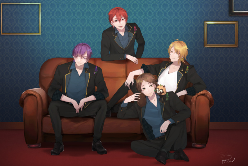 4boys :d aho_no_sakata animal_on_shoulder black_footwear black_jacket black_pants blonde_hair blue_shirt brown_hair carpet closed_mouth collared_shirt couch cuff_links earrings empty_picture_frame feather_earrings feathers green_eyes hair_behind_ear hair_between_eyes hair_over_one_eye hand_on_own_hip hand_up hassan_(sink916) head_tilt indoors jacket jewelry knee_up lapel_pin lapels leaning_forward leaning_on_object loafers long_sleeves looking_at_viewer male_focus mole mole_under_eye multiple_boys notched_lapels official_art on_couch on_floor open_clothes open_collar open_jacket own_hands_together pants parted_bangs parted_lips peacock_feathers picture_frame plaid purple_hair raccoon red_eyes redhead senra_(utaite) shima_(utaite) shirt shoes short_hair signature single_earring single_sidelock sitting sleeves_rolled_up smile spread_legs standing swept_bangs t-shirt urashimasakatasen uratanuki utaite v-neck v_arms violet_eyes wallpaper_(object) white_shirt yamadanuki yellow_eyes