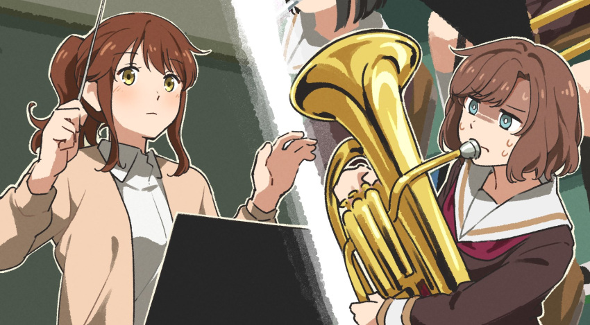 5girls blue_eyes brown_cardigan brown_hair cardigan conductor_baton euphonium fuyuhino hibike!_euphonium highres holding holding_instrument instrument kitauji_high_school_uniform medium_hair multiple_girls oumae_kumiko partially_shaded_face ponytail sailor_collar school_uniform shirt shoes sidelocks sweatdrop teacher_and_student uwabaki white_sailor_collar white_shirt yellow_eyes