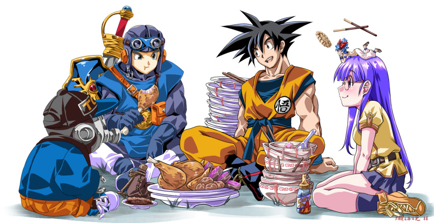 2girls 3boys baseball_cap black_eyes black_hair blue_hair blue_tunic bowl bowl_stack character_request chicken_(food) chicken_leg chopsticks creator_and_creation crossover dougi dr._slump dragon_ball dragon_ball_z dragon_quest dragon_quest_ii eating erdrick's_shield food gas_mask glasses goggles goggles_on_head goggles_on_headwear hat highres long_hair looking_at_another mask mini_person minigirl multiple_boys multiple_girls noodles norimaki_arale open_mouth plate plate_stack pocky prince_of_lorasia purple_hair relaxing sand_land sauce senomoto_hisashi sitting smile son_goku spiky_hair spoon sword toriyama_akira_(character) trait_connection violet_eyes weapon white_background wristband