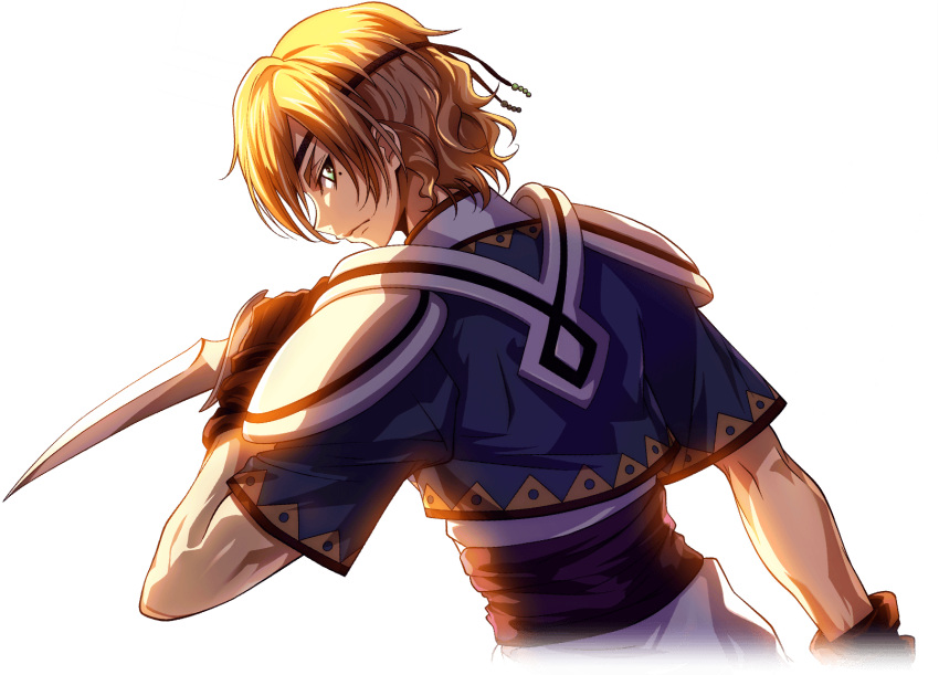 1boy arm_at_side armor artist_request backlighting blonde_hair blue_shirt brown_gloves brown_headband closed_mouth code_geass code_geass:_lost_stories code_geass:_soubou_no_oz crop_top cropped_torso dagger dutch_angle from_behind game_cg gloves green_eyes hand_up headband highres holding holding_dagger holding_knife holding_weapon knife looking_at_viewer looking_back male_focus mole mole_under_eye non-web_source official_art orpheus_zevon profile reverse_grip serious shirt short_hair short_sleeves shoulder_armor sidelocks simple_background solo standing transparent_background tunic upper_body weapon
