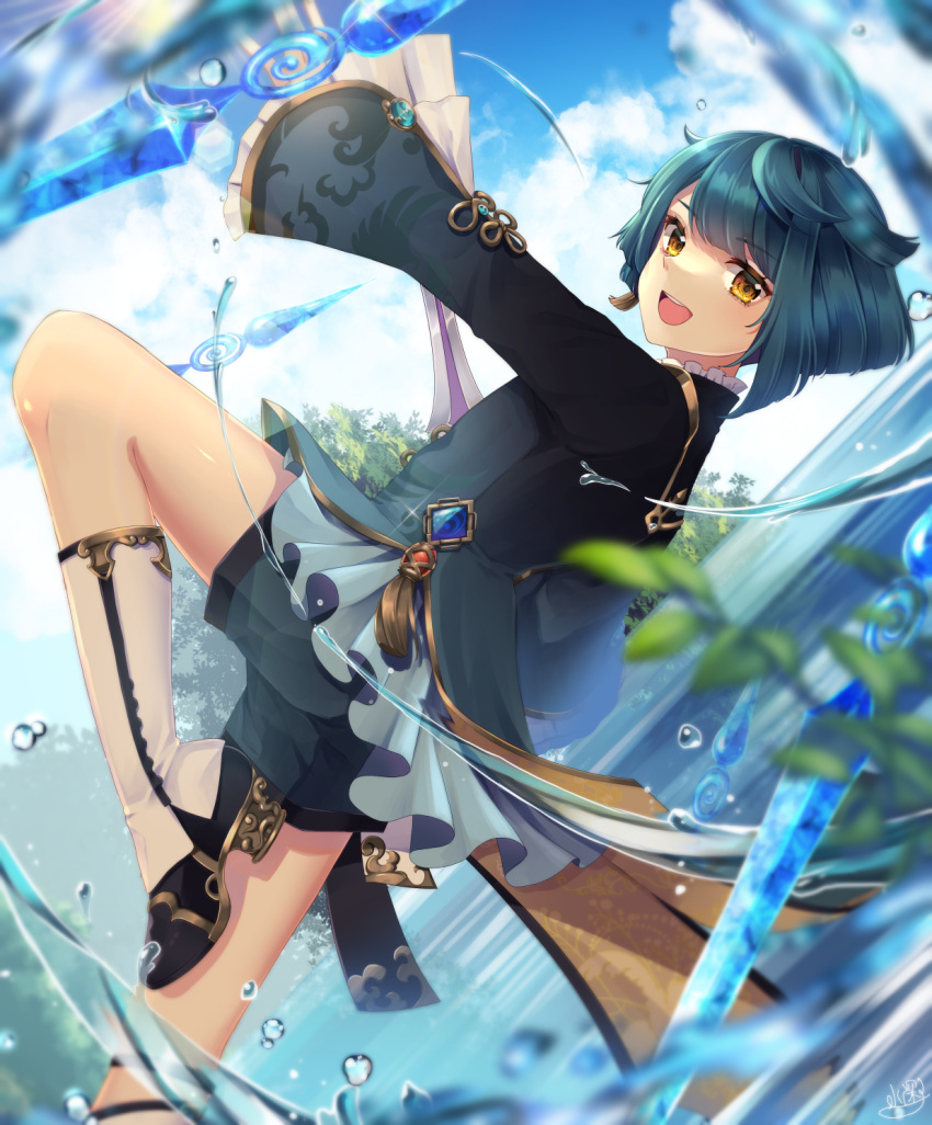 1boy :d black_footwear blue_coat blue_gemstone blue_hair blue_shorts blue_sky blurry boots clouds cloudy_sky coat coattails collar curtains ewokaku335 frilled_collar frilled_sleeves frills gem genshin_impact gold_trim highres holding holding_sword holding_weapon hydrokinesis jewelry knee_boots lens_flare light_particles light_rays looking_at_viewer looking_back open_mouth outdoors outstretched_arm short_hair short_shorts shorts sidelocks sky smile sparks standing standing_on_one_leg sunbeam sunlight sword tassel teeth tree two-tone_footwear upper_teeth_only water water_drop weapon white_footwear wide_sleeves xingqiu_(genshin_impact) yellow_eyes