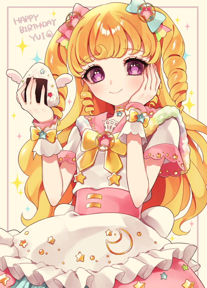 1girl ao_(ao0_0nemu) blonde_hair blue_bow bow character_name closed_mouth commentary_request cowboy_shot crescent_print dress food hair_bow hand_on_own_cheek hand_on_own_face hands_up happy_birthday highres holding holding_food idol_clothes idol_time_pripara long_hair looking_at_viewer onigiri pink_bow pink_dress pink_sailor_collar pretty_series pripara ringlets sailor_collar short_sleeves smile solo standing star_(symbol) two_side_up violet_eyes wrist_cuffs yumekawa_yui