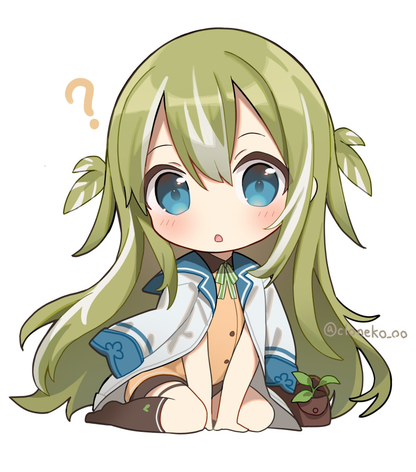 1girl ? aqua_eyes aqua_trim arm_between_legs artist_name bow bowtie brown_shorts brown_socks chibi chibi_only cloneko_(zelmeledf2) double-parted_bangs facing_viewer feather_hair_ornament feathers green_hair hair_ornament highres jacket jacket_on_shoulders kneehighs lapels layered_clothes light_blush long_hair long_sleeves looking_at_viewer open_clothes open_jacket orange_shirt original parted_lips plant pouch shirt short_sleeves shorts simple_background sitting socks solo two_side_up wariza white_background white_hair white_jacket