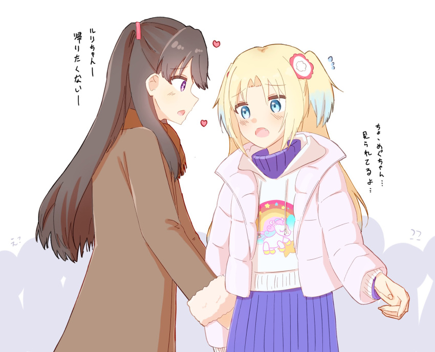 2girls ? ?? amane61115 blonde_hair blue_eyes blue_hair blush brown_coat brown_hair brown_scarf coat commentary dress embarrassed fang flower flying_sweatdrops fujishima_megumi fur-trimmed_coat fur_trim gradient_hair hair_flower hair_ornament heart highres hood hood_down hoodie jacket light_blue_hair link!_like!_love_live! long_hair long_sleeves looking_at_another love_live! mira-cra_park! multicolored_hair multiple_girls open_clothes open_jacket osawa_rurino parted_bangs people pink_flower pink_jacket print_hoodie purple_dress scarf sidelocks sweater sweater_dress translation_request twintails two_side_up unicorn_print violet_eyes white_background white_flower white_hoodie yuri