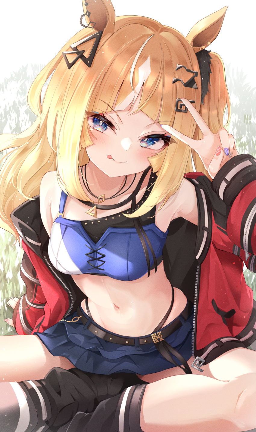 1girl :p absurdres animal_ears belt blonde_hair blue_eyes blush breasts collarbone commentary_request crop_top earrings espoir_city_(umamusume) fingernails grass hair_ornament highres horse_ears horse_girl horse_tailsjacket jewelry looking_at_viewer medium_breasts navel orange_hair sitting sky_cappuccino smile socks solo tongue tongue_out umamusume v