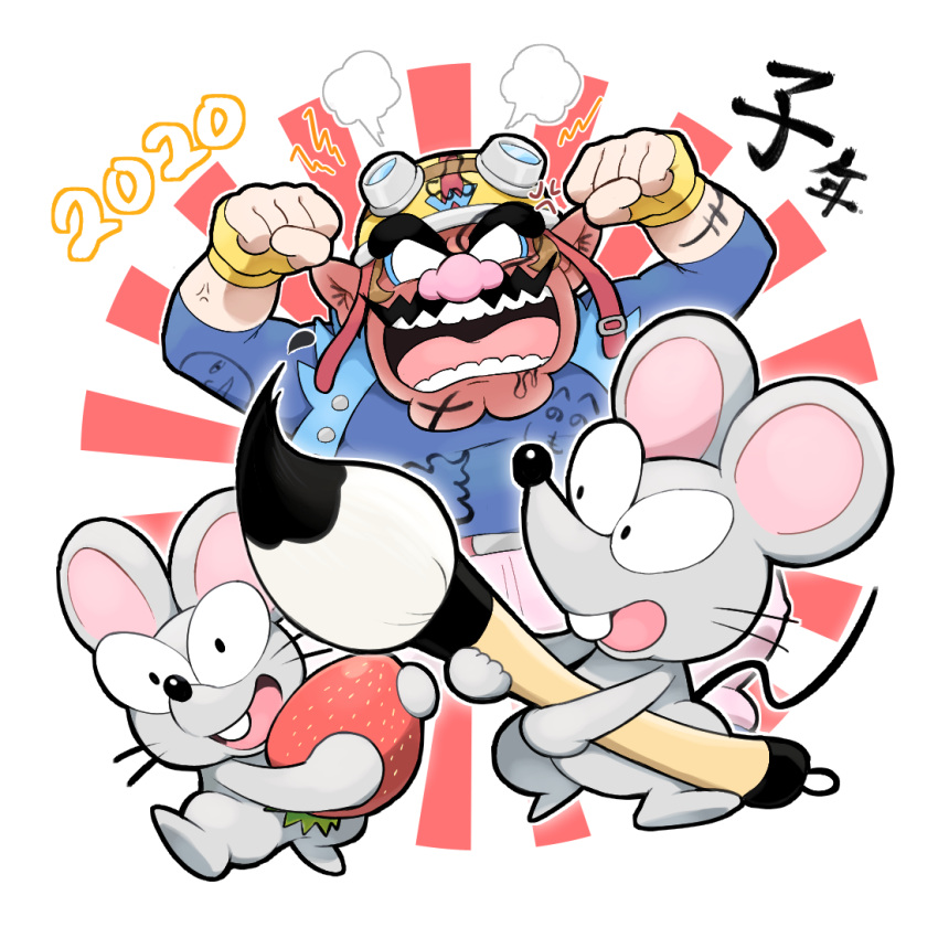 1boy angry blank_eyes blue_shirt calligraphy_brush cleft_chin clenched_hands facial_hair fingerless_gloves food fruit gloves goggles goggles_on_headwear helmet hoshi_(star-name2000) motorcycle_helmet mouse_(animal) mustache open_mouth paintbrush pointy_ears shirt strawberry wario warioware yellow_gloves
