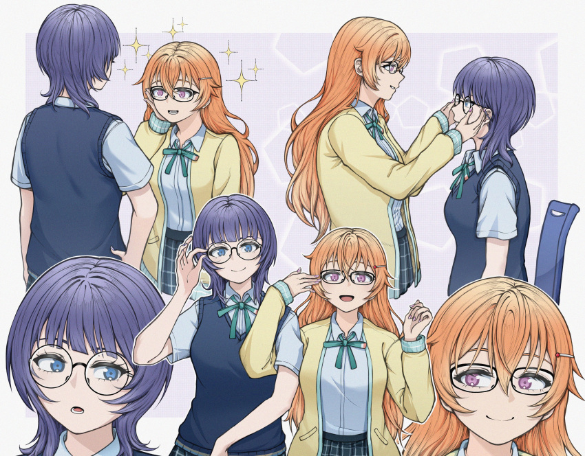 2girls absurdres adjusting_another's_eyewear adjusting_eyewear asaka_karin bespectacled blue_eyes blue_hair blue_shirt blue_skirt blunt_bangs breasts cardigan closed_mouth collared_shirt commentary_request glasses green_ribbon hair_between_eyes hand_on_own_cheek hand_on_own_face highres konoe_kanata locked_arms long_hair long_sleeves looking_at_another love_live! love_live!_nijigasaki_high_school_idol_club mayo_e medium_breasts multiple_girls multiple_views neck_ribbon nijigasaki_academy_school_uniform open_cardigan open_clothes open_mouth orange_hair ribbon round_eyewear school_uniform shirt short_hair side-by-side skirt sparkle standing summer_uniform upper_body violet_eyes yellow_cardigan