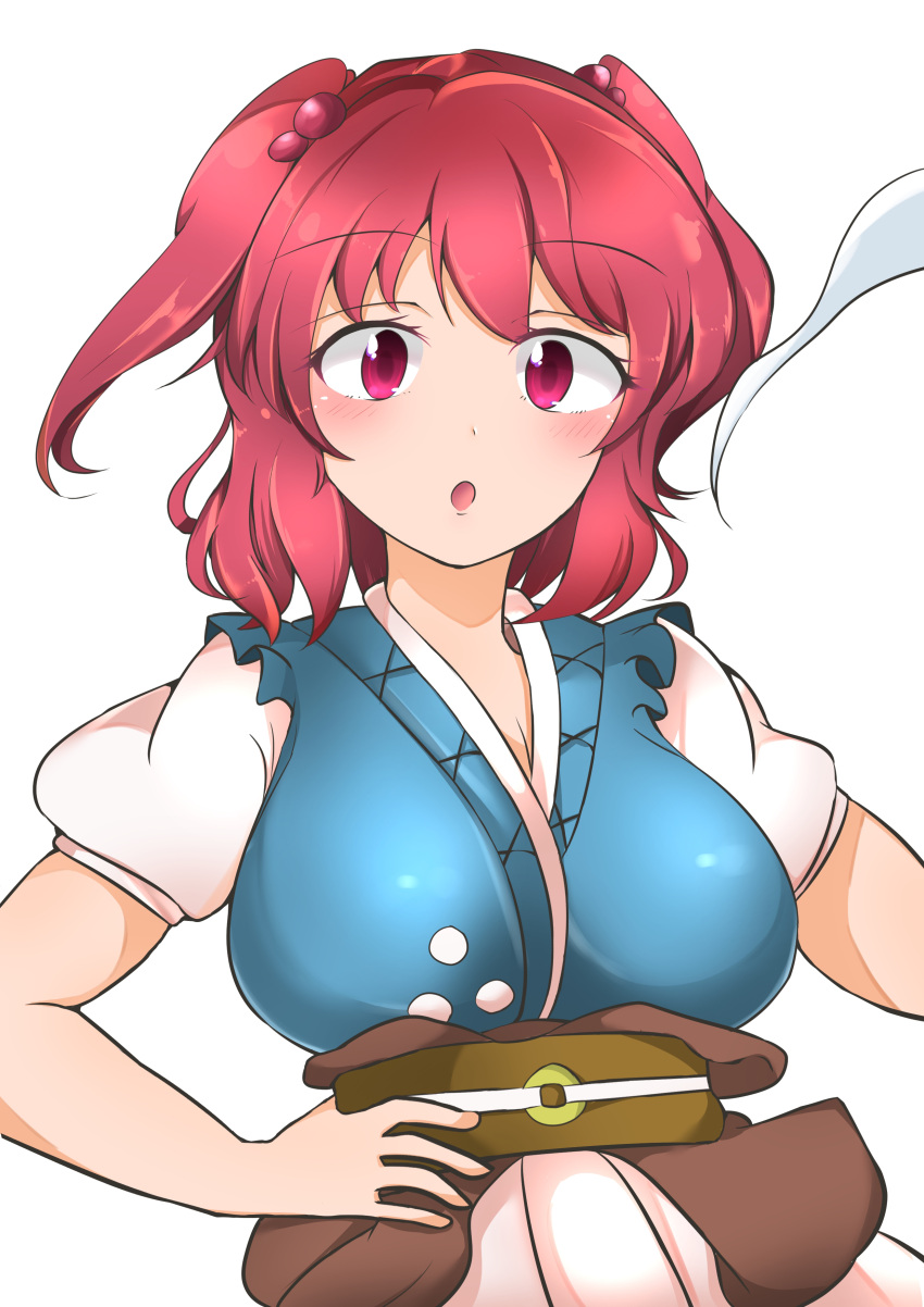 1girl absurdres blush breasts coin hair_bobbles hair_ornament hand_on_own_hip hashiro_fumi highres large_breasts looking_at_viewer obi onozuka_komachi open_mouth red_eyes redhead sash simple_background solo touhou two_side_up upper_body white_background