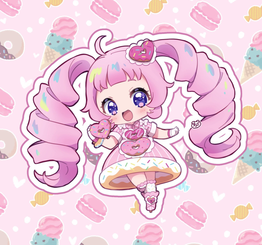 1girl :d ahoge aozora_himari blunt_bangs boots candy chibi chii_(chi_pppuri) commentary_request doughnut doughnut_hair_ornament dress drill_hair food food-themed_clothes food-themed_hair_ornament full_body gloves hair_ornament highres himitsu_no_aipri holding holding_food ice_cream_cone idol_clothes long_hair looking_at_viewer macaron open_mouth outline pink_background pink_dress pink_footwear pink_hair pretty_series short_sleeves signature smile solo standing twintails very_long_hair violet_eyes white_gloves white_outline