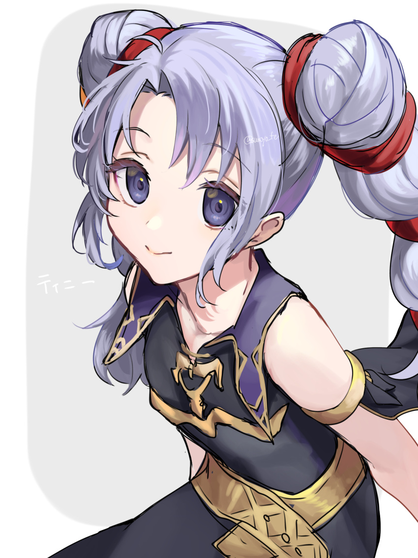 1girl ahoge armlet bare_shoulders black_dress closed_mouth commentary_request dress fire_emblem fire_emblem:_genealogy_of_the_holy_war flat_chest gold_trim highres jewelry long_hair parted_bangs purple_hair sakura_no_yoru simple_background sleeveless sleeveless_dress smile solo tine_(fire_emblem) twintails twitter_username violet_eyes