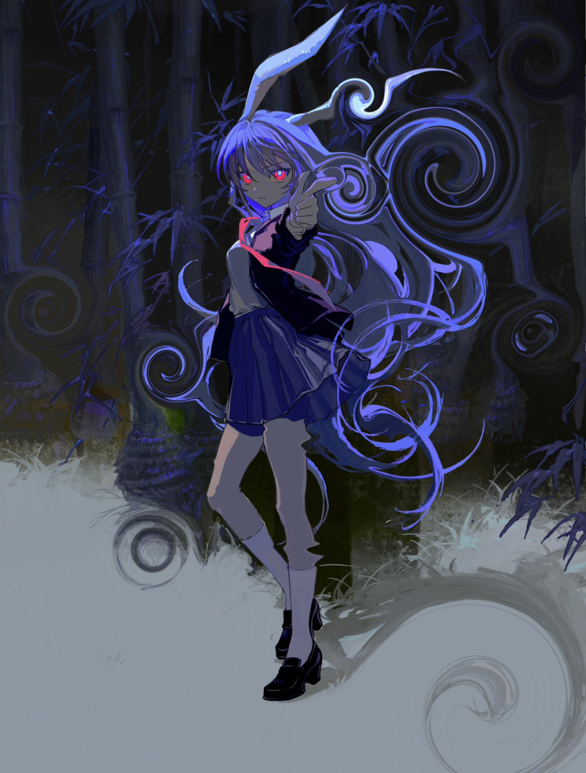 1girl animal_ears bamboo bamboo_forest bright_pupils dark_background distortion forest glowing glowing_eyes highres jacket nature necktie pleated_skirt pointing pointing_at_viewer purple_hair rabbit_ears rabbit_girl red_eyes red_necktie reisen_udongein_inaba shirt skirt solo touhou warped white_shirt xianyu_liang