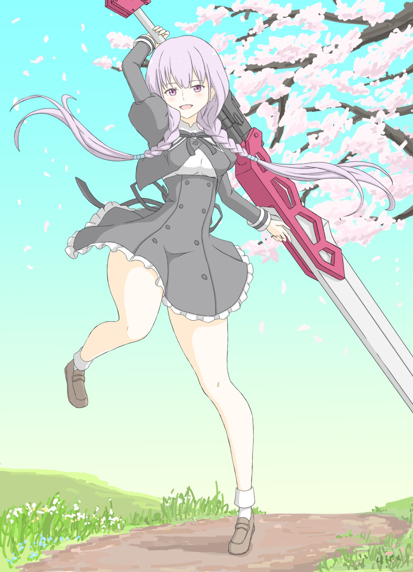 1girl absurdres arm_up assault_lily black_ribbon black_skirt blue_sky blush bobby_socks braid brown_footwear buttons cherry_blossoms commentary cropped_jacket day dirt_road falling_petals floating_hair flower frilled_skirt frills full_body grass hand_up high-waist_skirt highres hitotsuyanagi_yuri holding holding_weapon huge_weapon juliet_sleeves leg_up loafers long_hair long_sleeves looking_at_viewer low_twin_braids low_twintails miniskirt neck_ribbon open_mouth outdoors petals puffy_sleeves purple_hair ribbon road school_uniform shirt shoes skirt sky smile socks solo standing standing_on_one_leg tsukimizake twin_braids twintails violet_eyes weapon weapon_behind_back white_flower white_shirt yurigaoka_girls_academy_school_uniform
