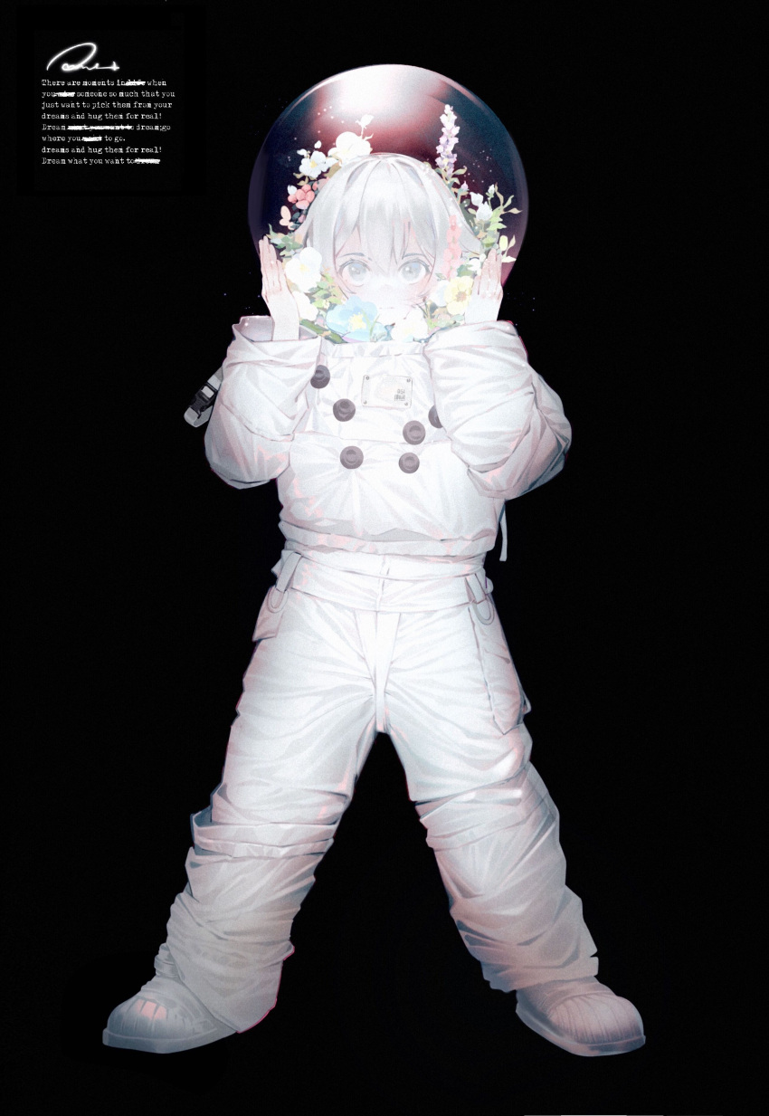 1girl absurdres astronaut black_background english_text expressionless fishbowl_helmet flower full_body helmet highres looking_at_viewer original ryuuforkaf short_hair simple_background solo spacesuit white_eyes white_hair